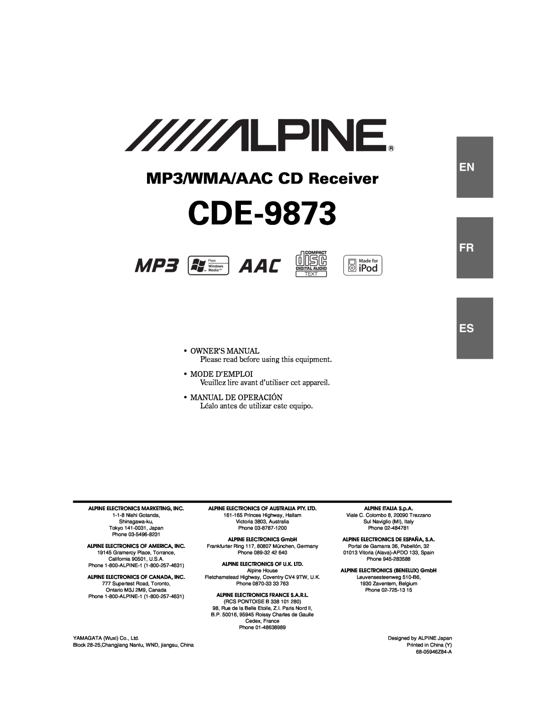 Alpine CDE-9873 owner manual MP3/WMA/AAC CD Receiver, Fr Es 