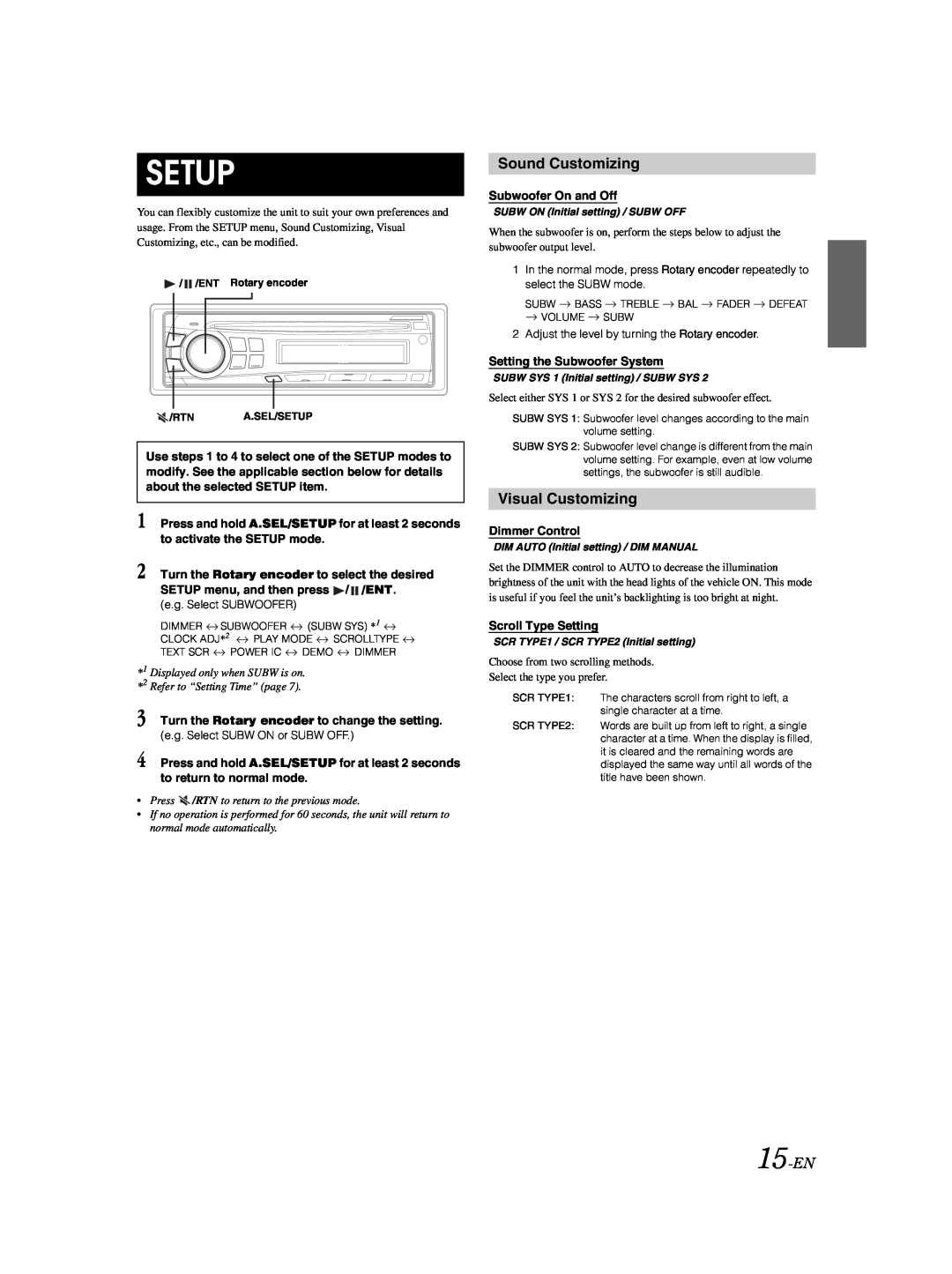 Alpine CDE-9873 owner manual Setup, Sound Customizing, Visual Customizing, 15-EN 