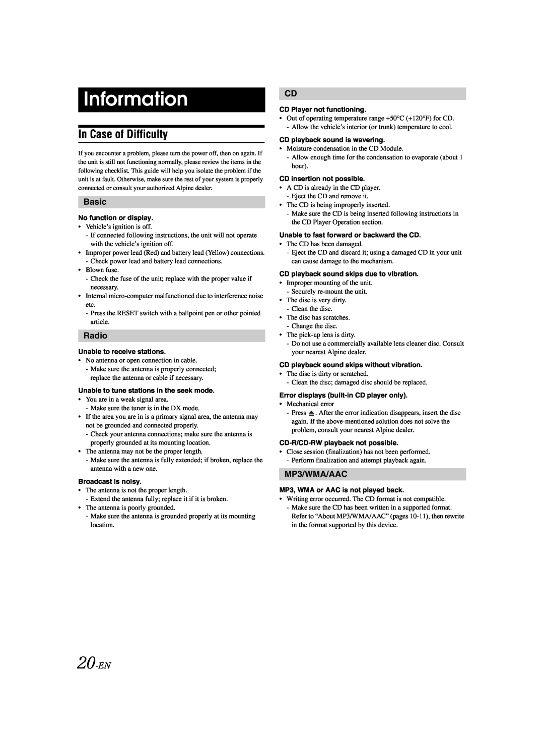 Alpine CDE-9873 owner manual Information, In Case of Difficulty, Basic, Radio, 20-EN, MP3/WMA/AAC 