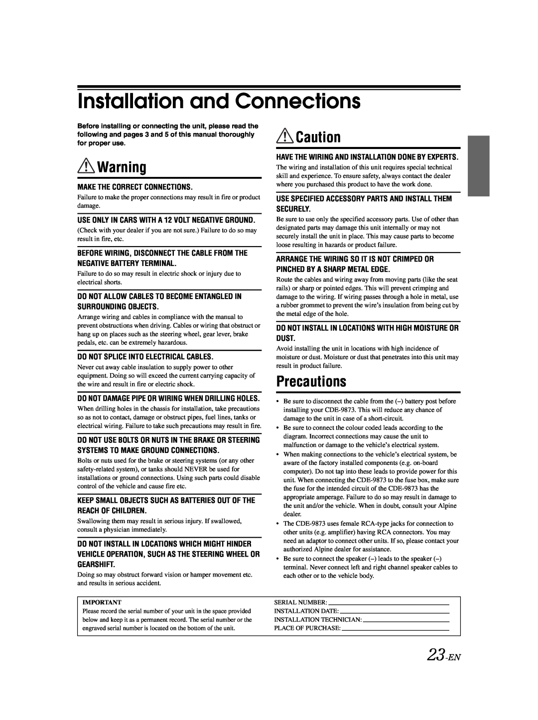 Alpine CDE-9873 owner manual Installation and Connections, Precautions, 23-EN 