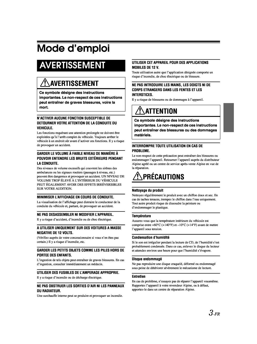 Alpine CDE-9873 owner manual Mode d’emploi, Avertissement, Précautions, 3-FR 