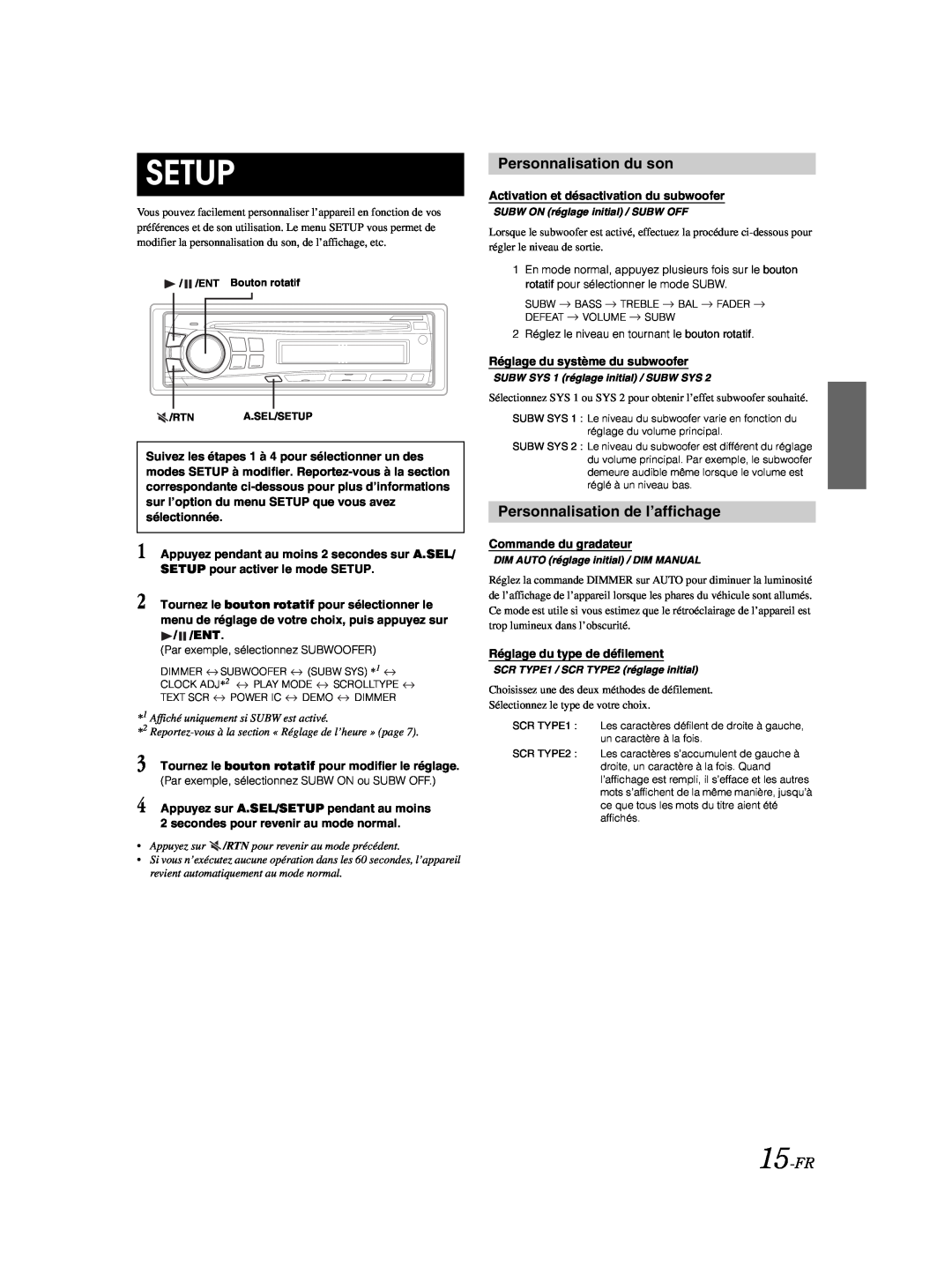 Alpine CDE-9873 owner manual Personnalisation du son, Personnalisation de l’affichage, 15-FR, Setup 