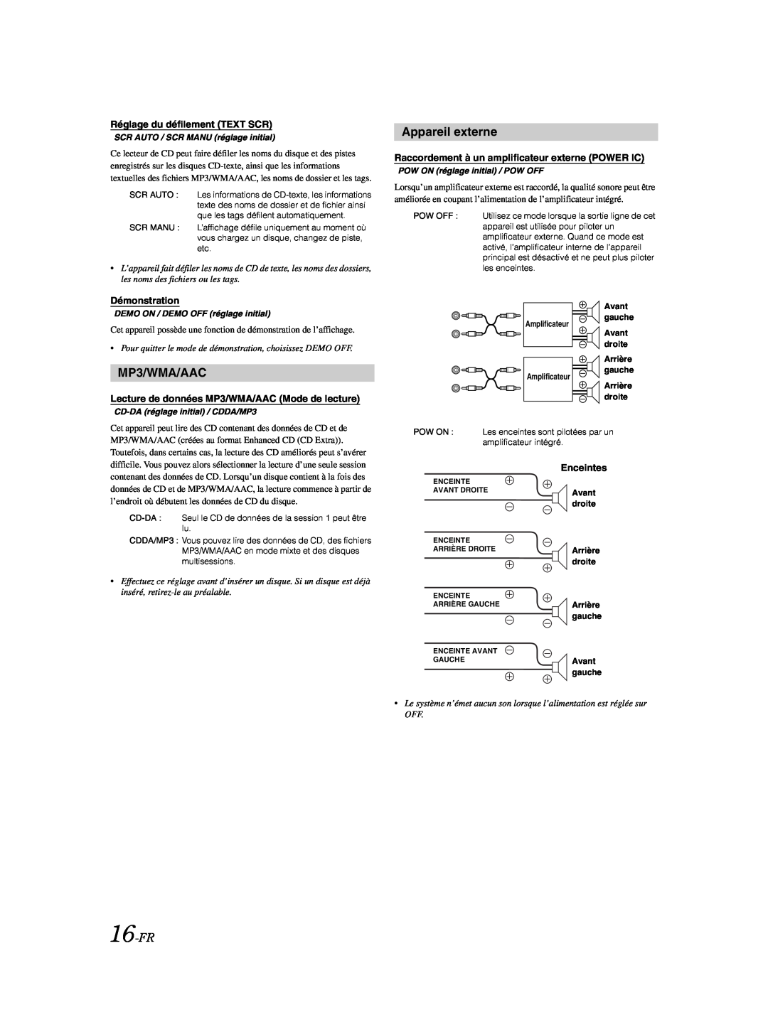 Alpine CDE-9873 owner manual Appareil externe, 16-FR, MP3/WMA/AAC 