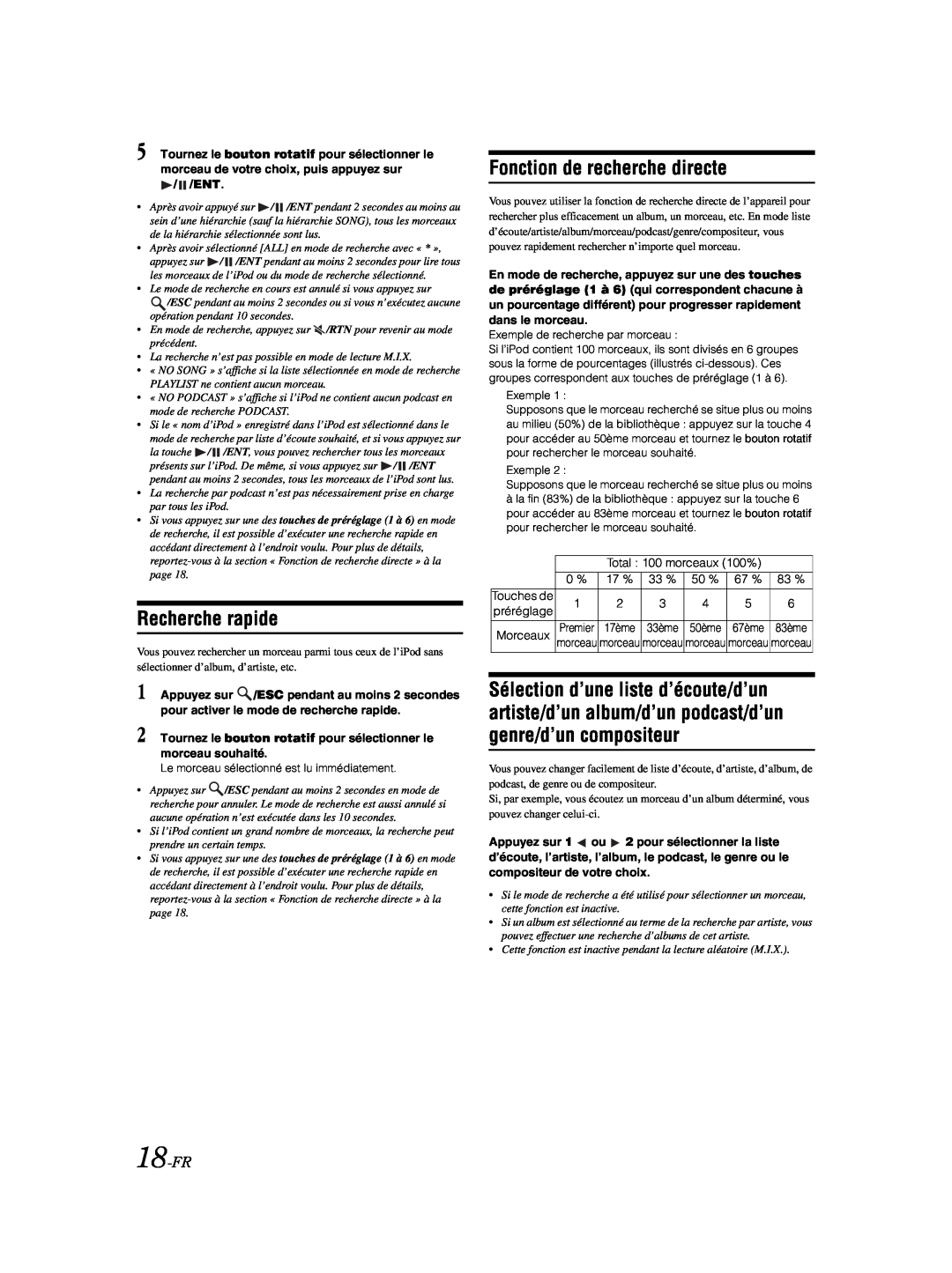 Alpine CDE-9873 owner manual Fonction de recherche directe, 18-FR, Recherche rapide 