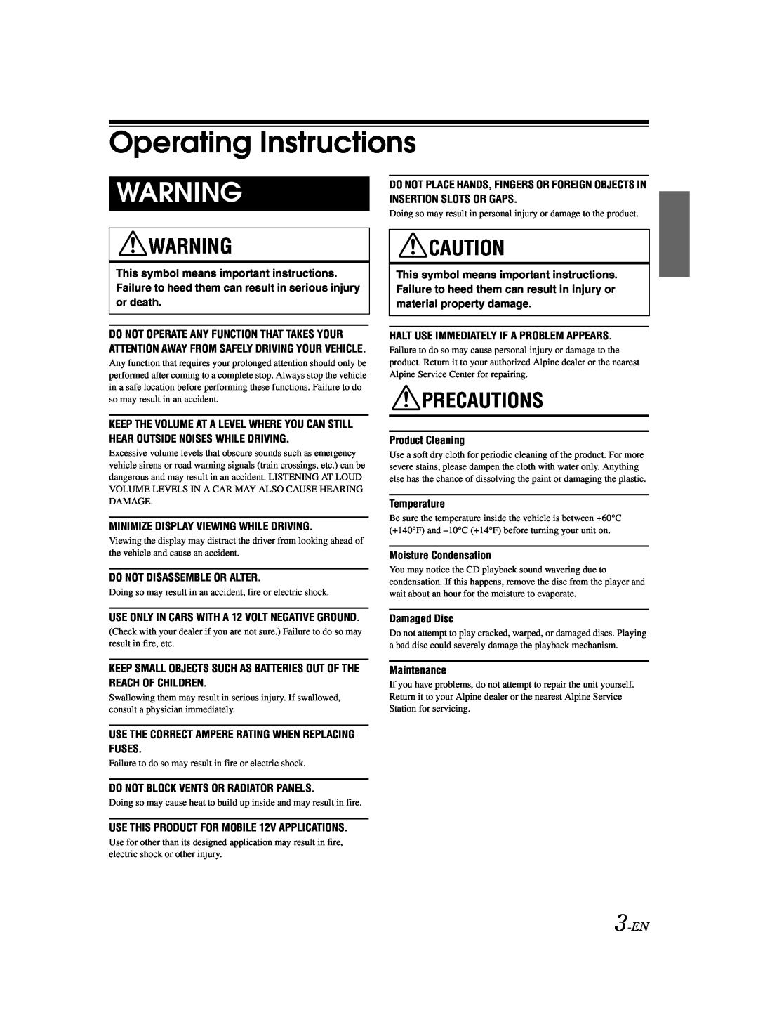 Alpine CDE-9873 owner manual Operating Instructions, Precautions, 3-EN 