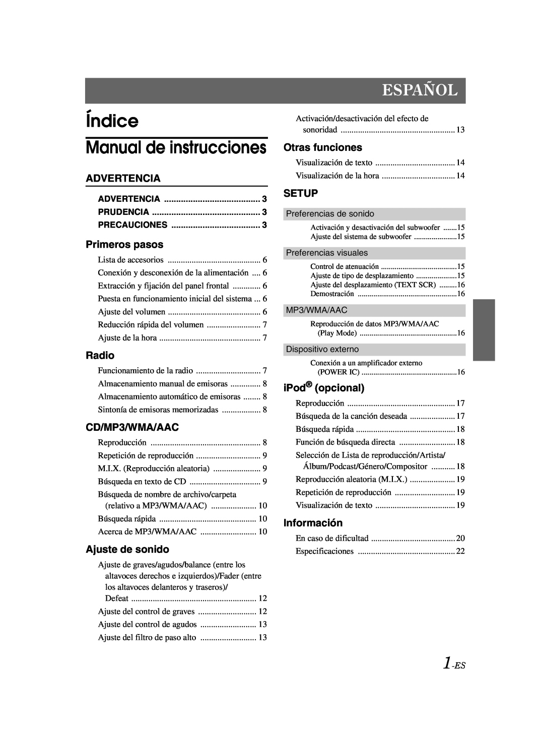 Alpine CDE-9873 Índice Manual de instrucciones, Español, Advertencia, Primeros pasos, Ajuste de sonido, Otras funciones 