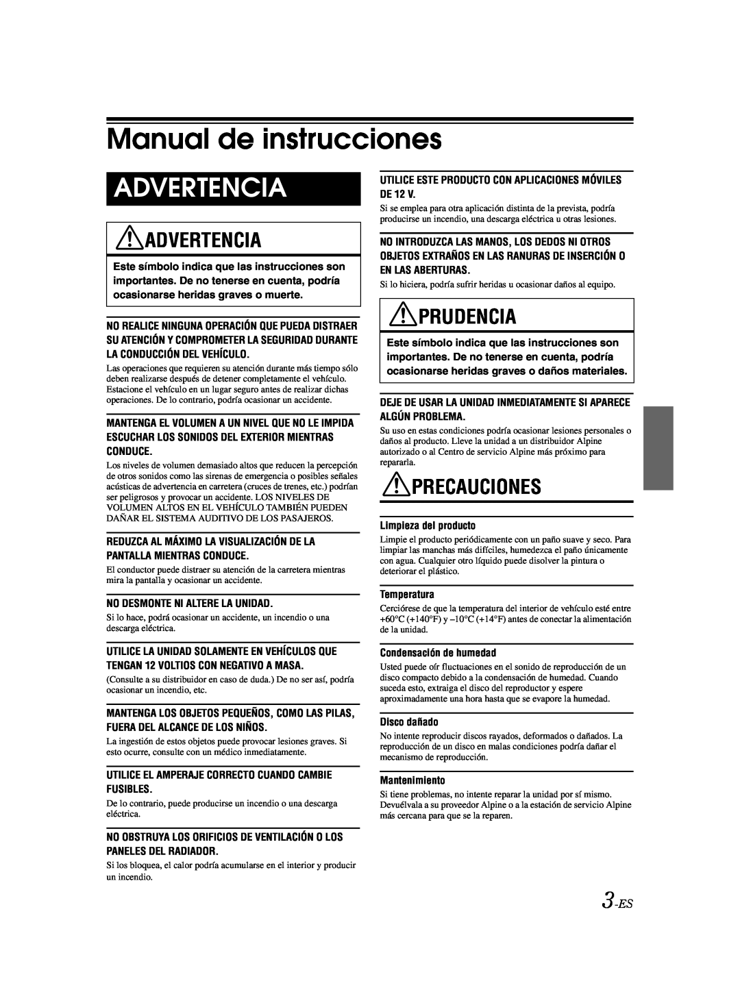 Alpine CDE-9873 owner manual Manual de instrucciones, Advertencia, Prudencia, Precauciones, 3-ES 