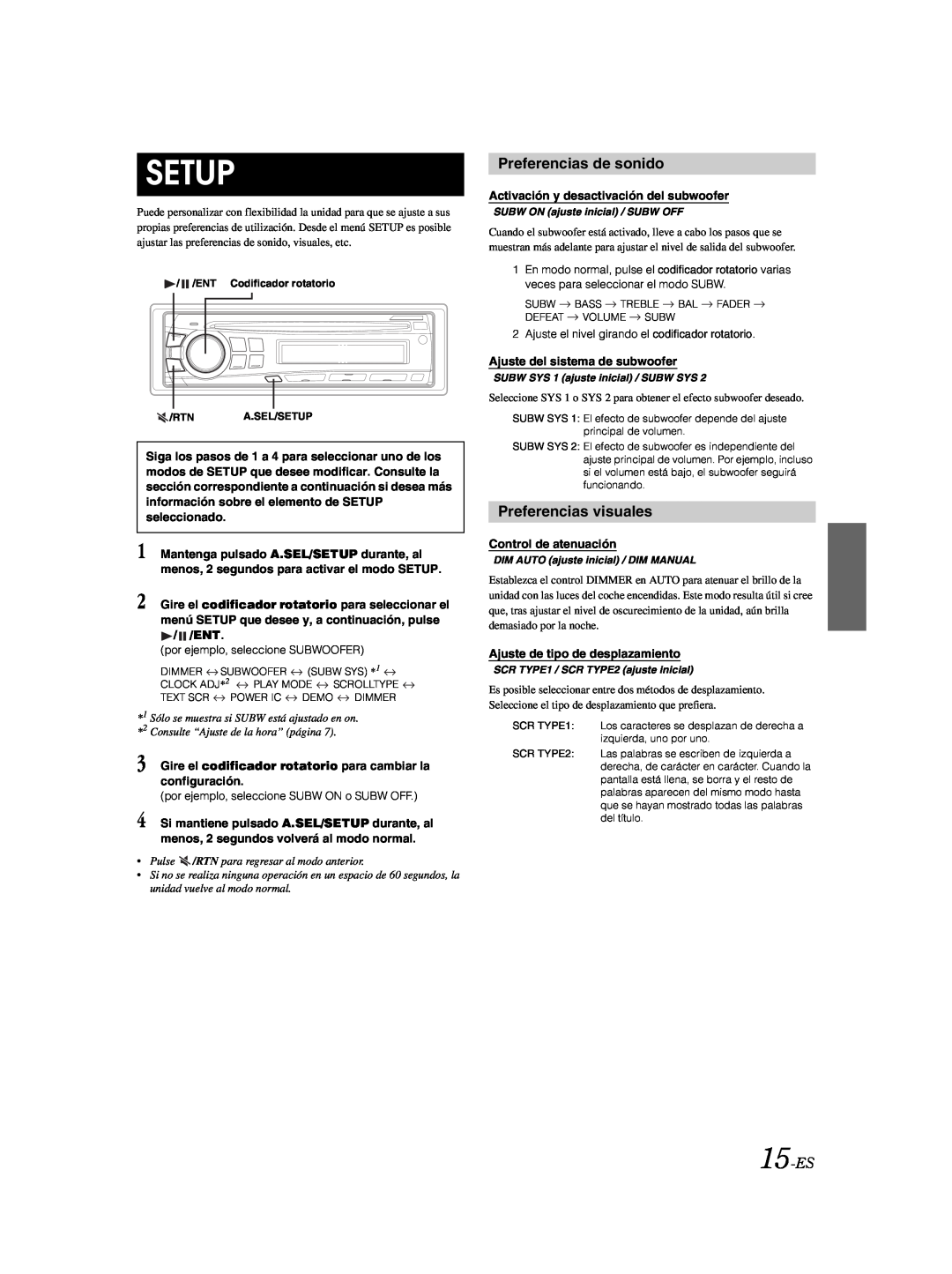 Alpine CDE-9873 owner manual Preferencias de sonido, Preferencias visuales, 15-ES, Setup 