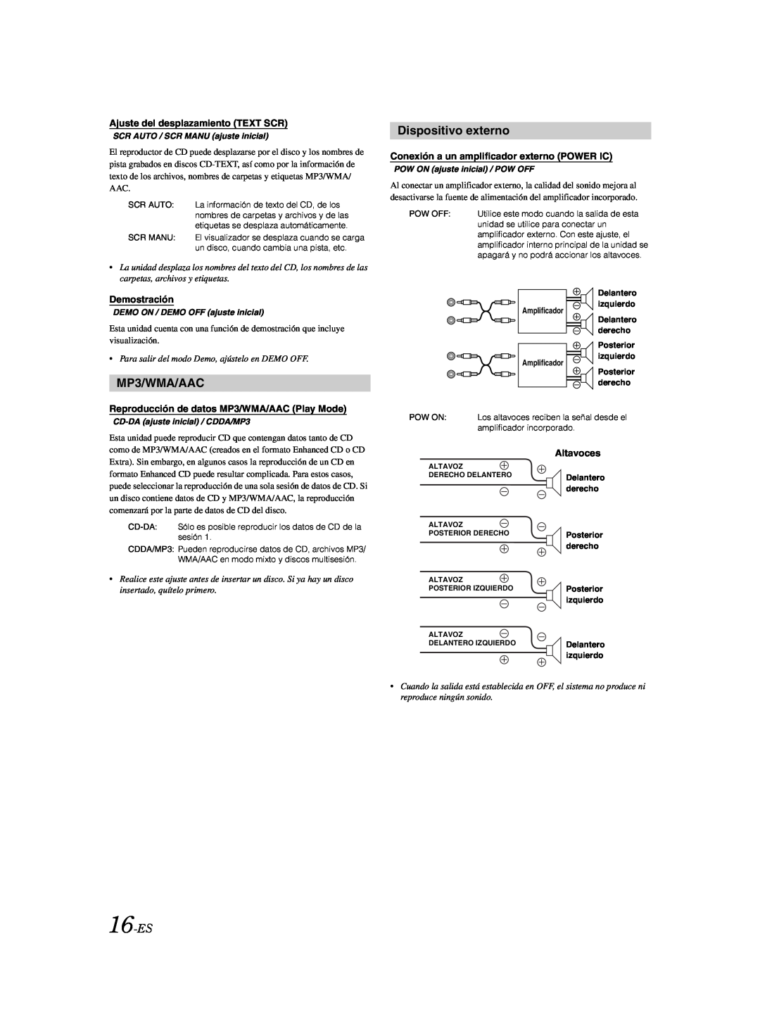 Alpine CDE-9873 owner manual Dispositivo externo, 16-ES, MP3/WMA/AAC 