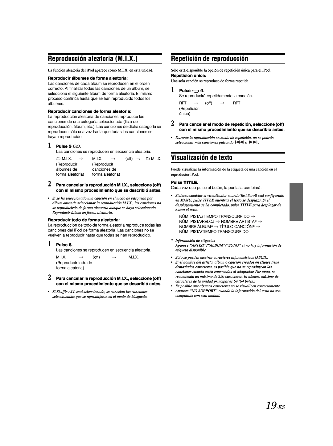 Alpine CDE-9873 owner manual Reproducción aleatoria M.I.X, 19-ES, Repetición de reproducción, Visualización de texto 