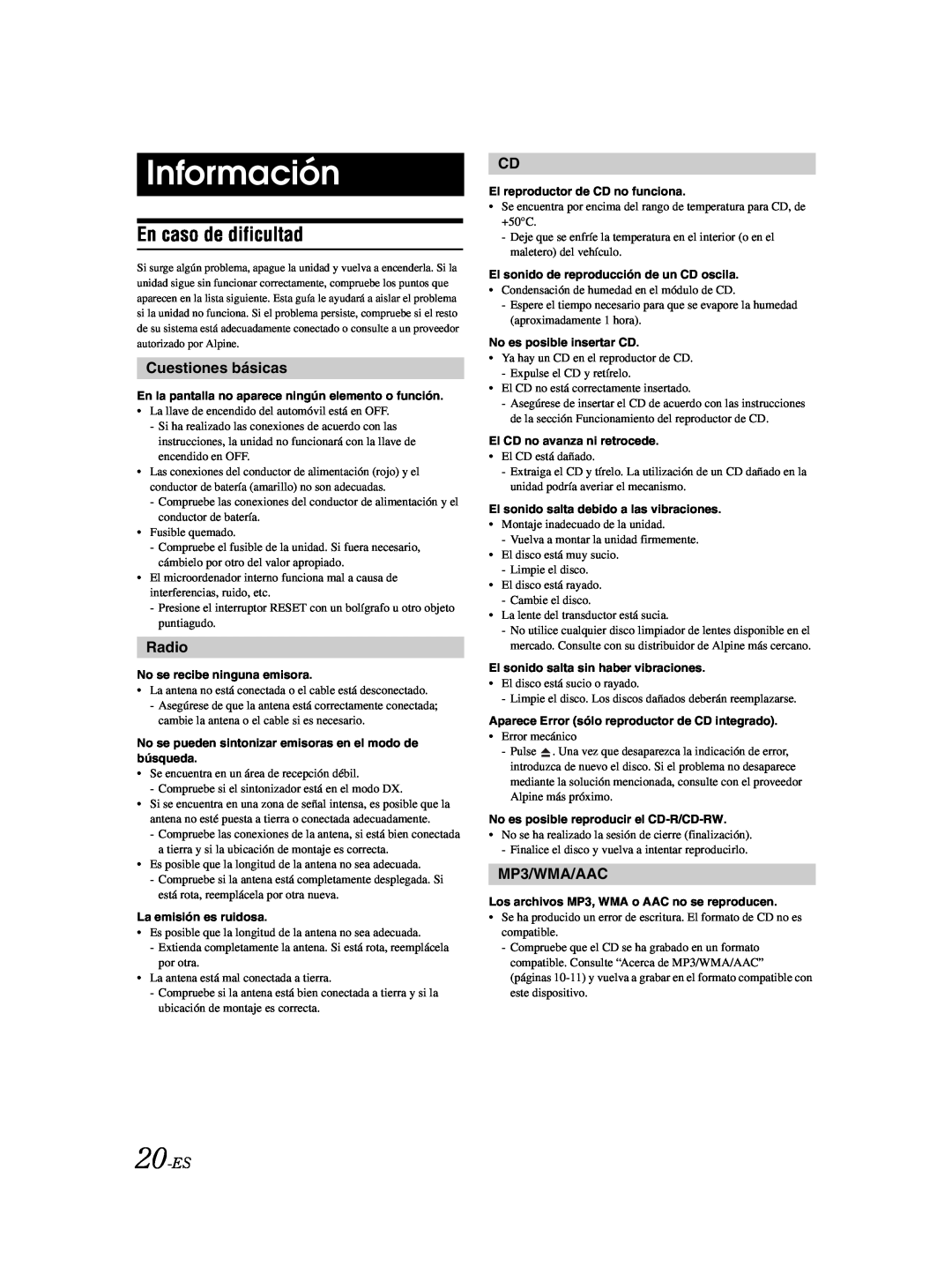 Alpine CDE-9873 owner manual Información, En caso de dificultad, Cuestiones básicas, 20-ES, Radio, MP3/WMA/AAC 