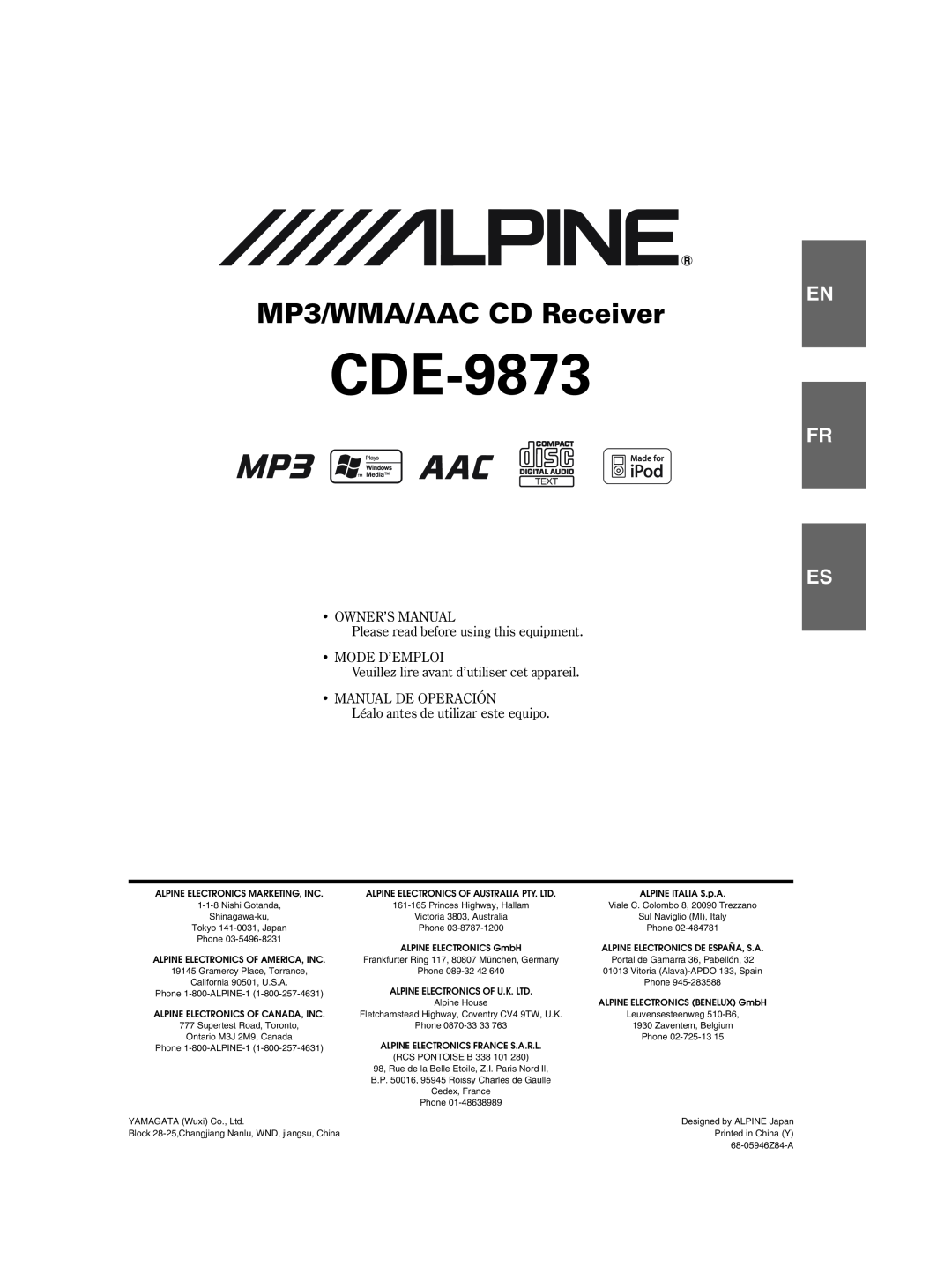 Alpine CDE-9873 owner manual MP3/WMA/AAC CD Receiver, Fr Es 