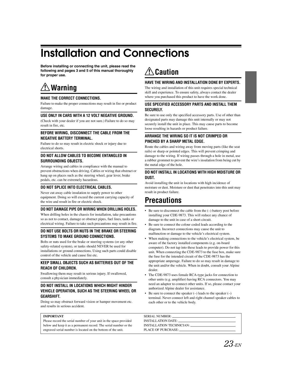 Alpine CDE-9873 owner manual Installation and Connections, Precautions, 23-EN 