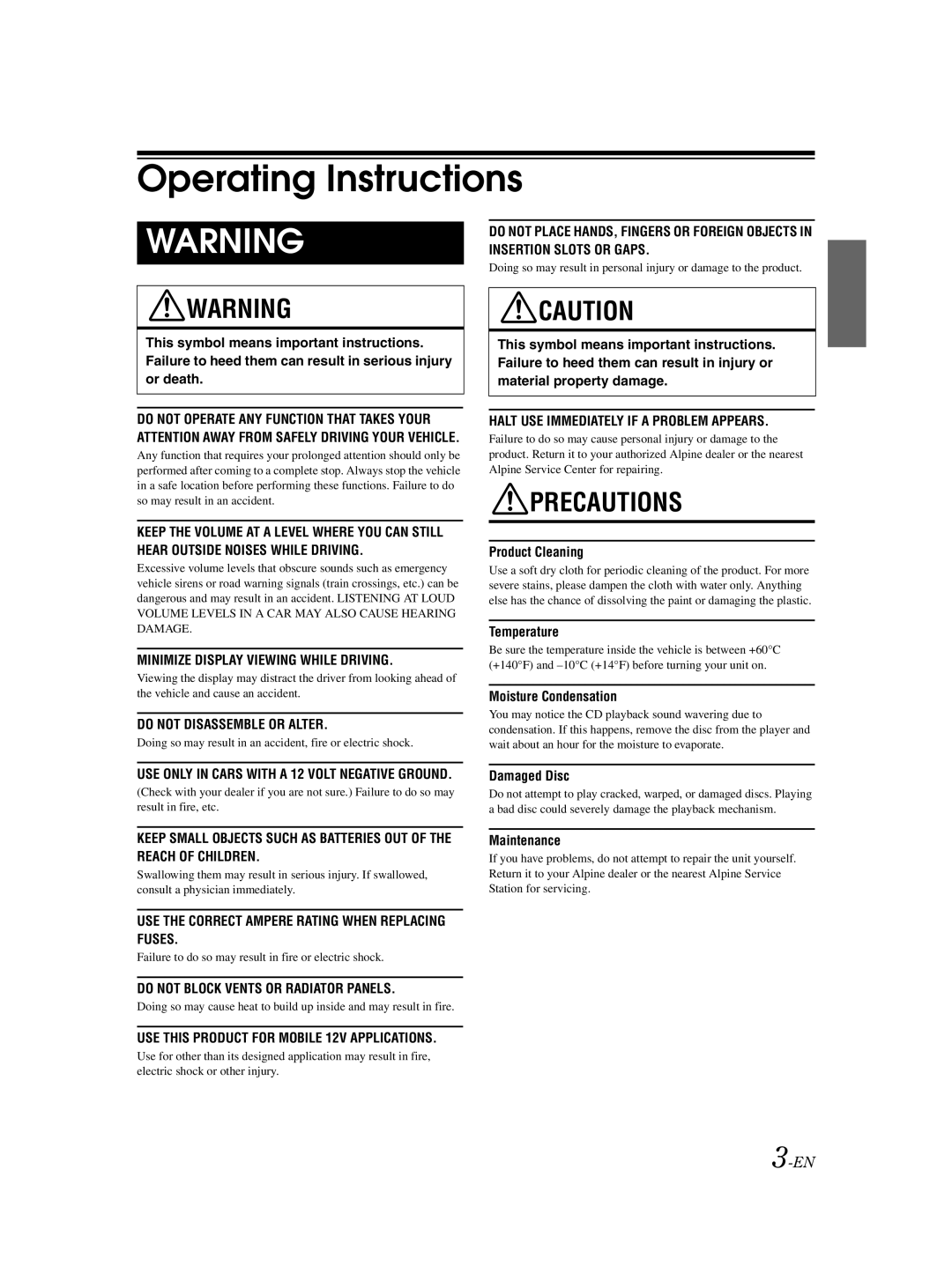 Alpine CDE-9873 owner manual Operating Instructions, Precautions, 3-EN 