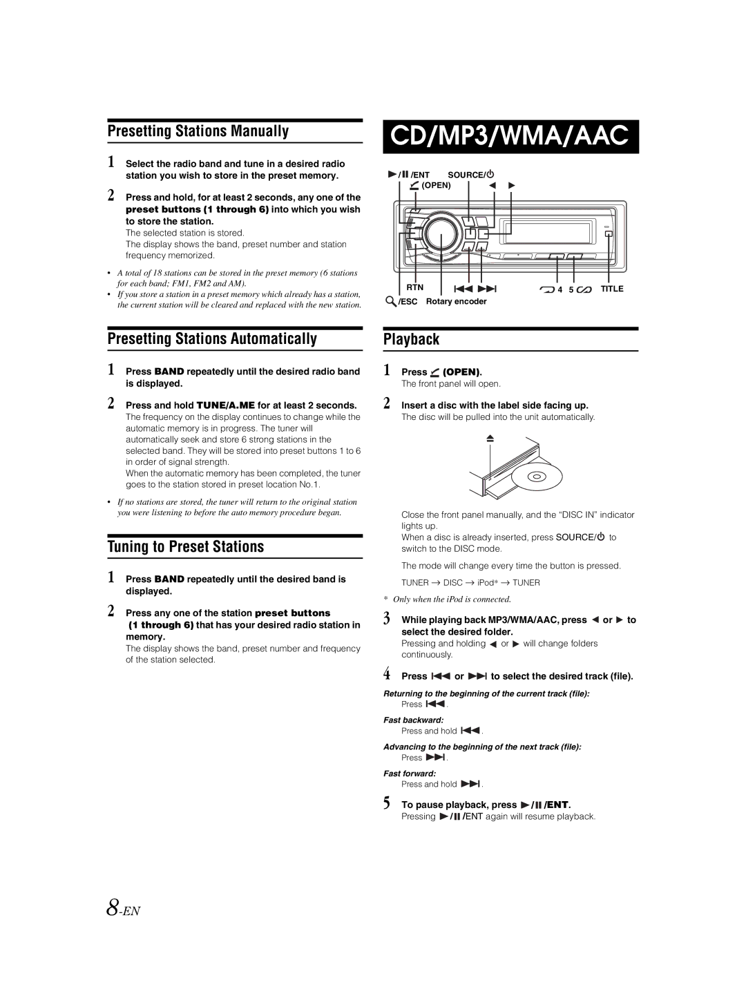 Alpine CDE-9881 Presetting Stations Manually, Presetting Stations Automatically, Tuning to Preset Stations, Playback 