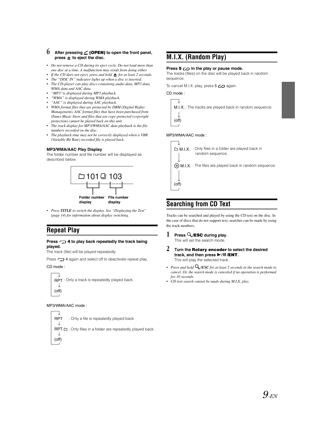 Alpine CDE-9881 owner manual Repeat Play, X. Random Play, Searching from CD Text 