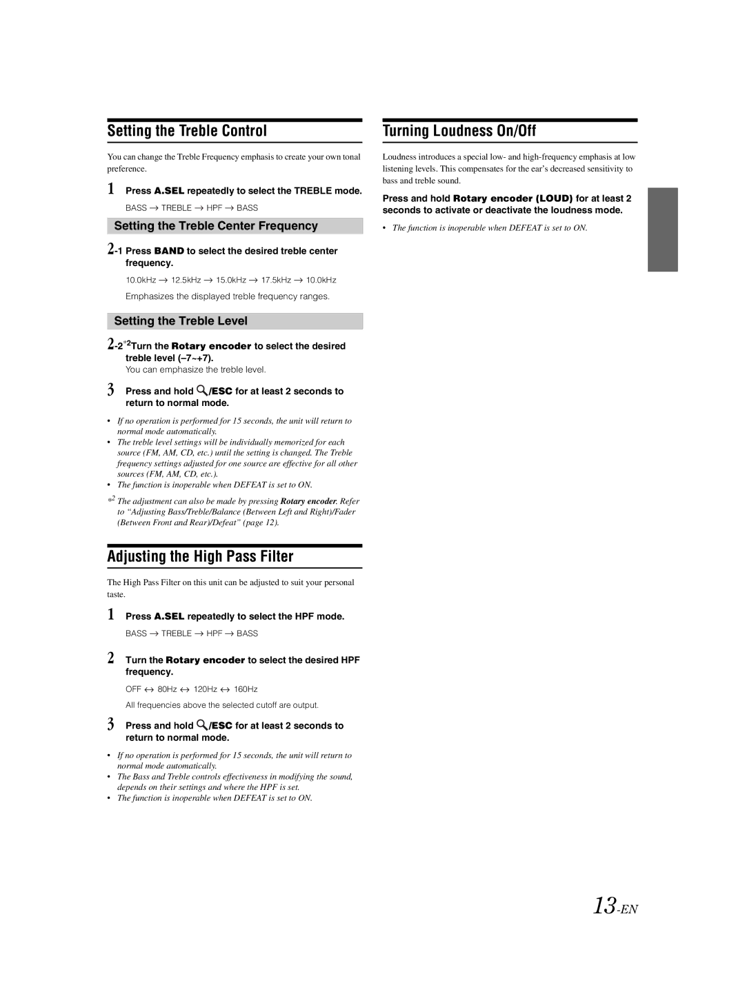 Alpine CDE-9881 owner manual Setting the Treble Control, Adjusting the High Pass Filter, Turning Loudness On/Off 