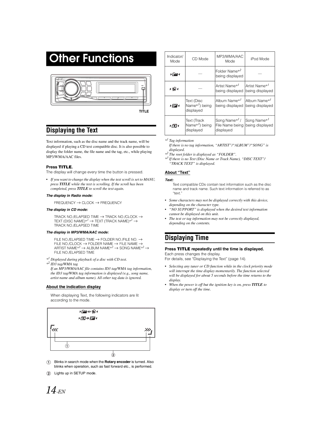 Alpine CDE-9881 owner manual Other Functions, Displaying the Text, Displaying Time, 14-EN 