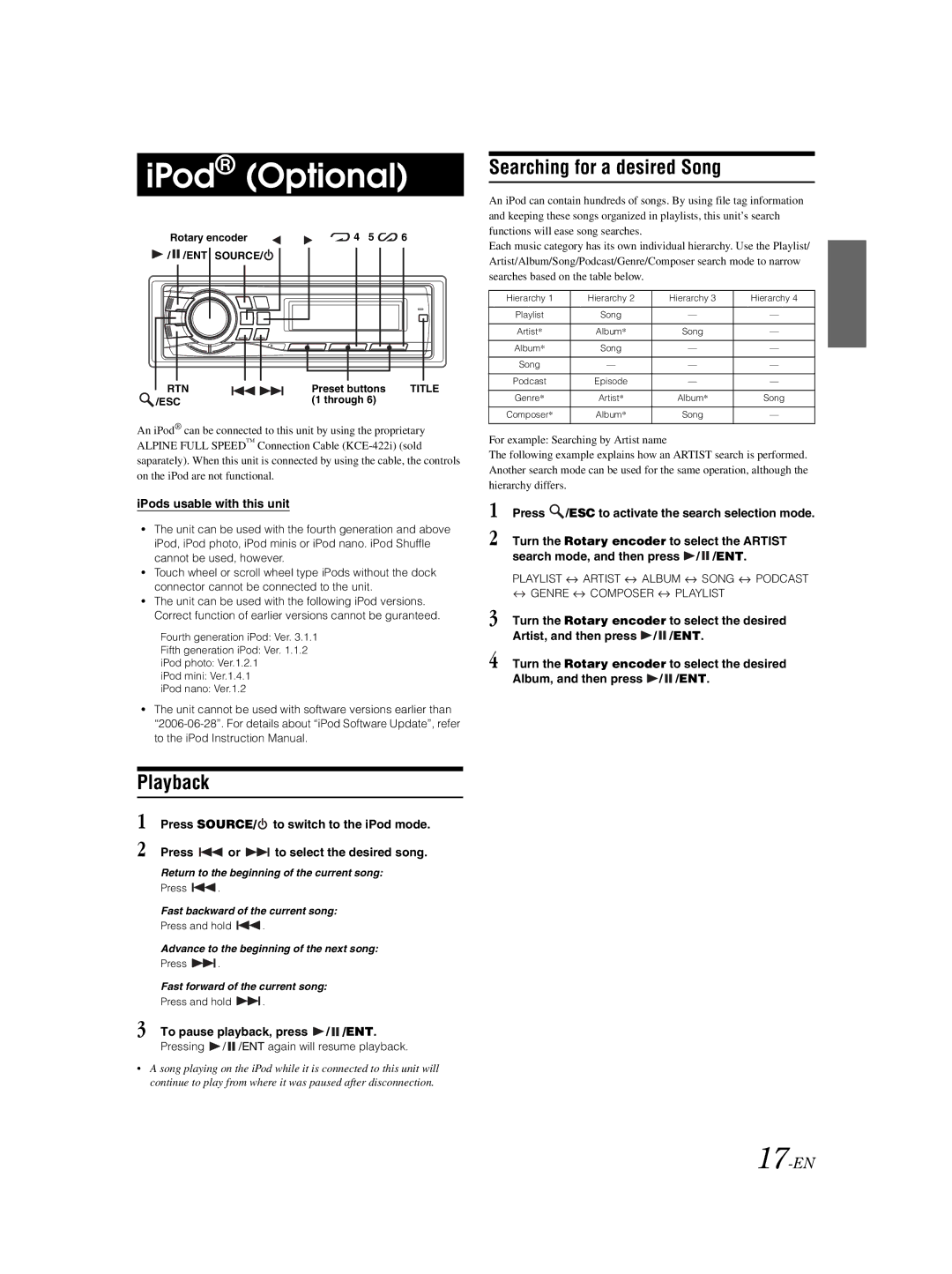 Alpine CDE-9881 owner manual IPod Optional, Searching for a desired Song, 17-EN, IPods usable with this unit 