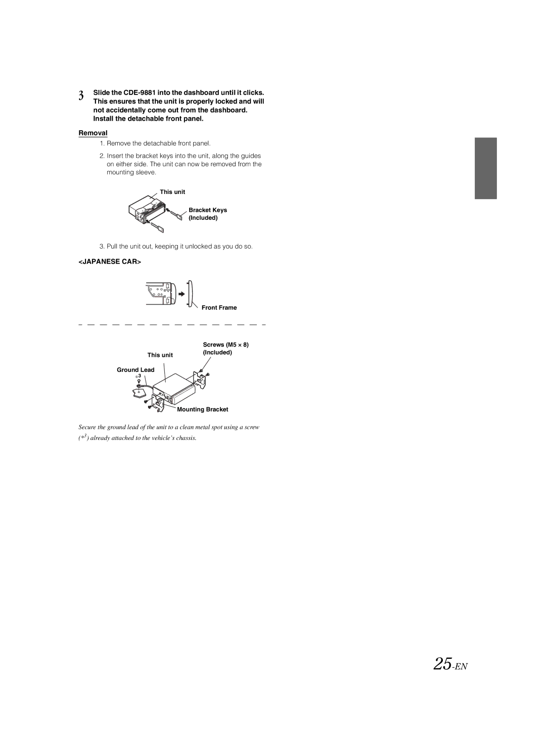 Alpine CDE-9881 owner manual 25-EN, Removal, Japanese CAR, Pull the unit out, keeping it unlocked as you do so 