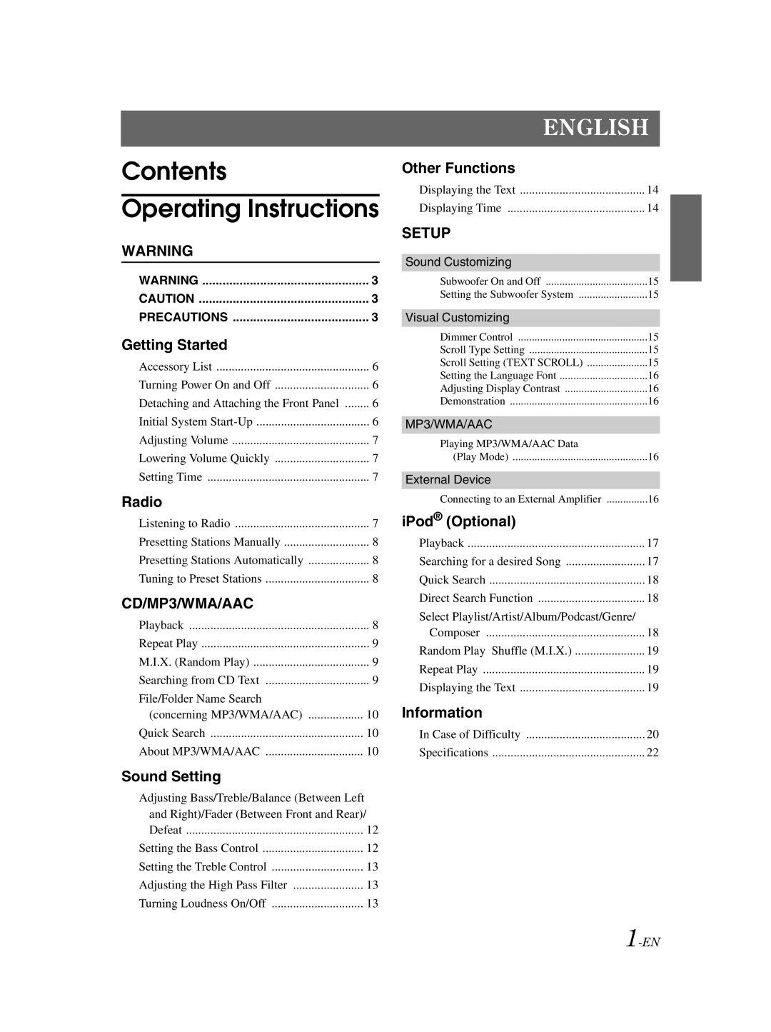 Alpine CDE-9881 owner manual Contents Operating Instructions 