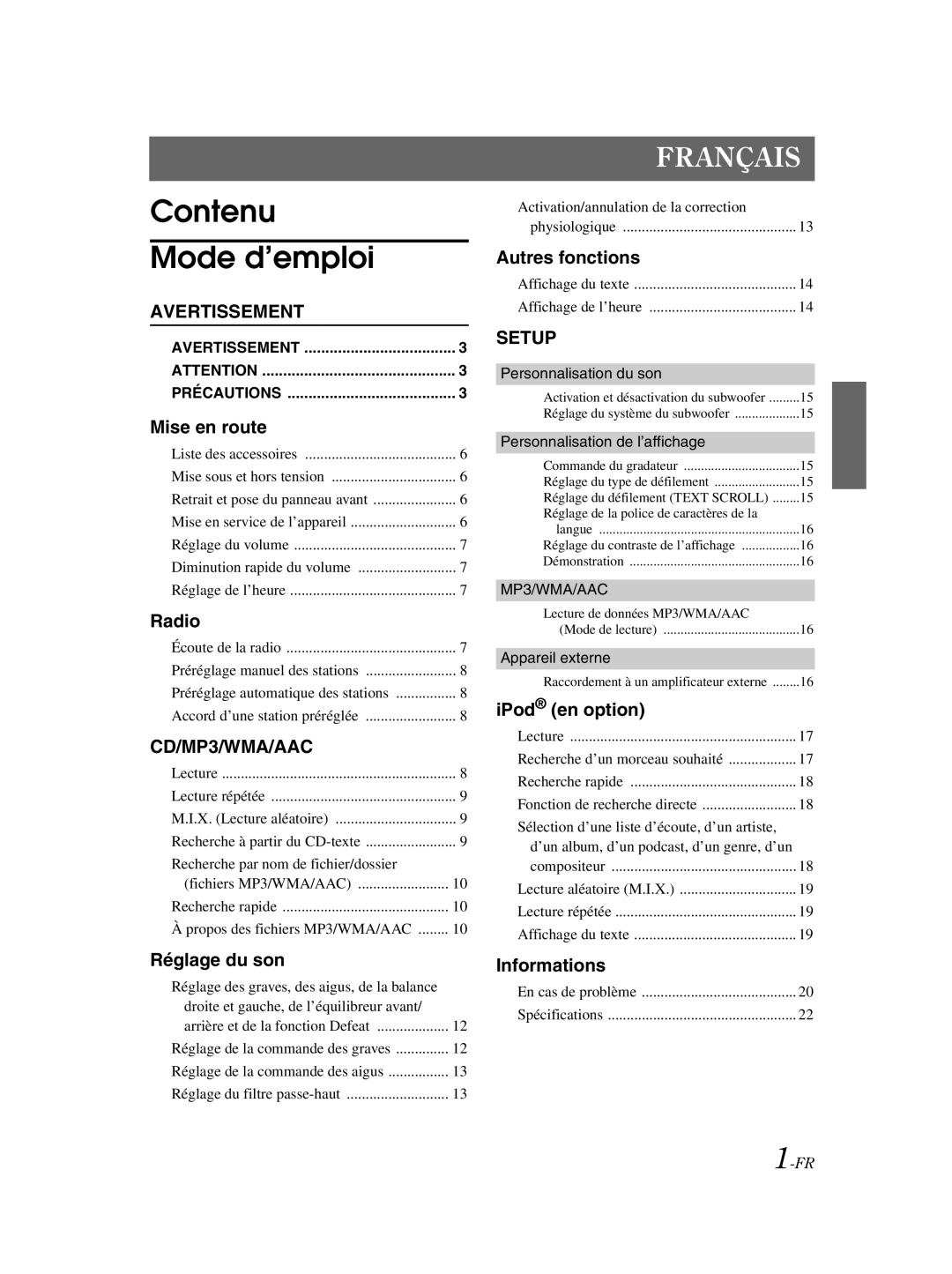 Alpine CDE-9881 owner manual Contenu Mode d’emploi 