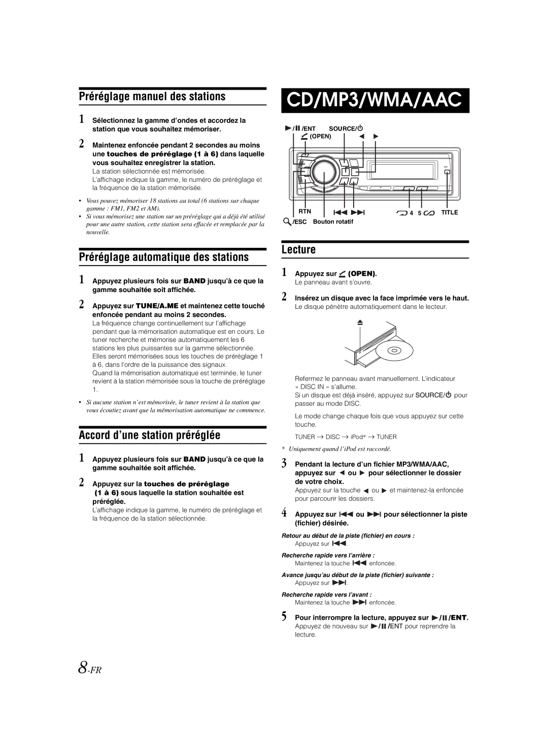 Alpine CDE-9881 Préréglage manuel des stations, Préréglage automatique des stations, Accord d’une station préréglée 