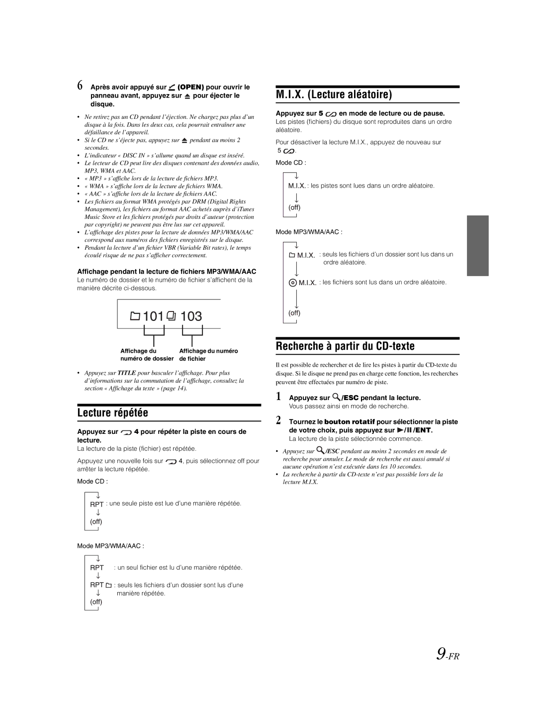 Alpine CDE-9881 owner manual Lecture répétée, X. Lecture aléatoire, Recherche à partir du CD-texte 