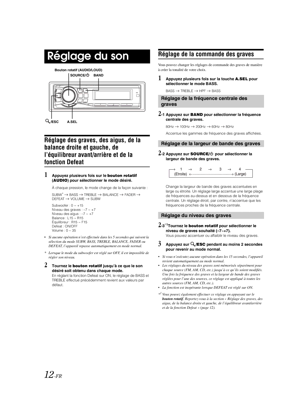 Alpine CDE-9881 owner manual Réglage du son, Réglage de la commande des graves, Réglage de la fréquence centrale des graves 