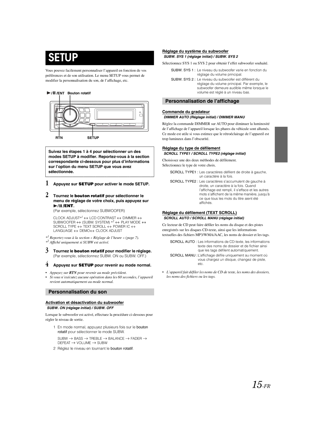 Alpine CDE-9881 owner manual Personnalisation du son, Personnalisation de l’affichage, 15-FR 