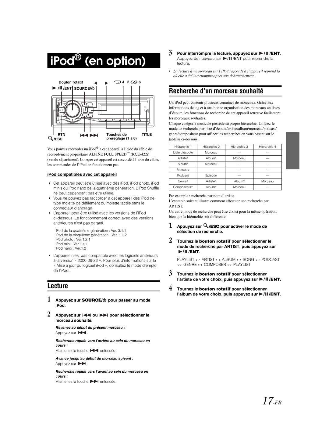 Alpine CDE-9881 owner manual IPod en option, Recherche d’un morceau souhaité, 17-FR, IPod compatibles avec cet appareil 