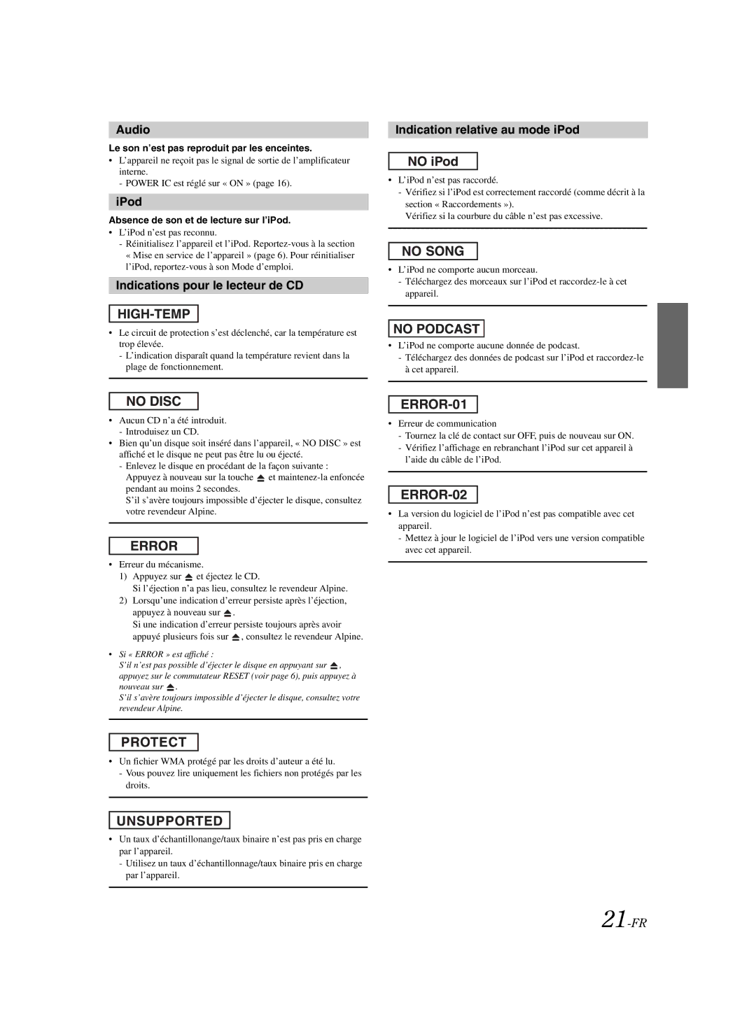 Alpine CDE-9881 owner manual Indications pour le lecteur de CD, Indication relative au mode iPod, 21-FR 