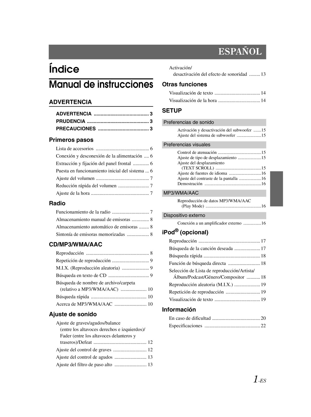 Alpine CDE-9881 owner manual Índice Manual de instrucciones 