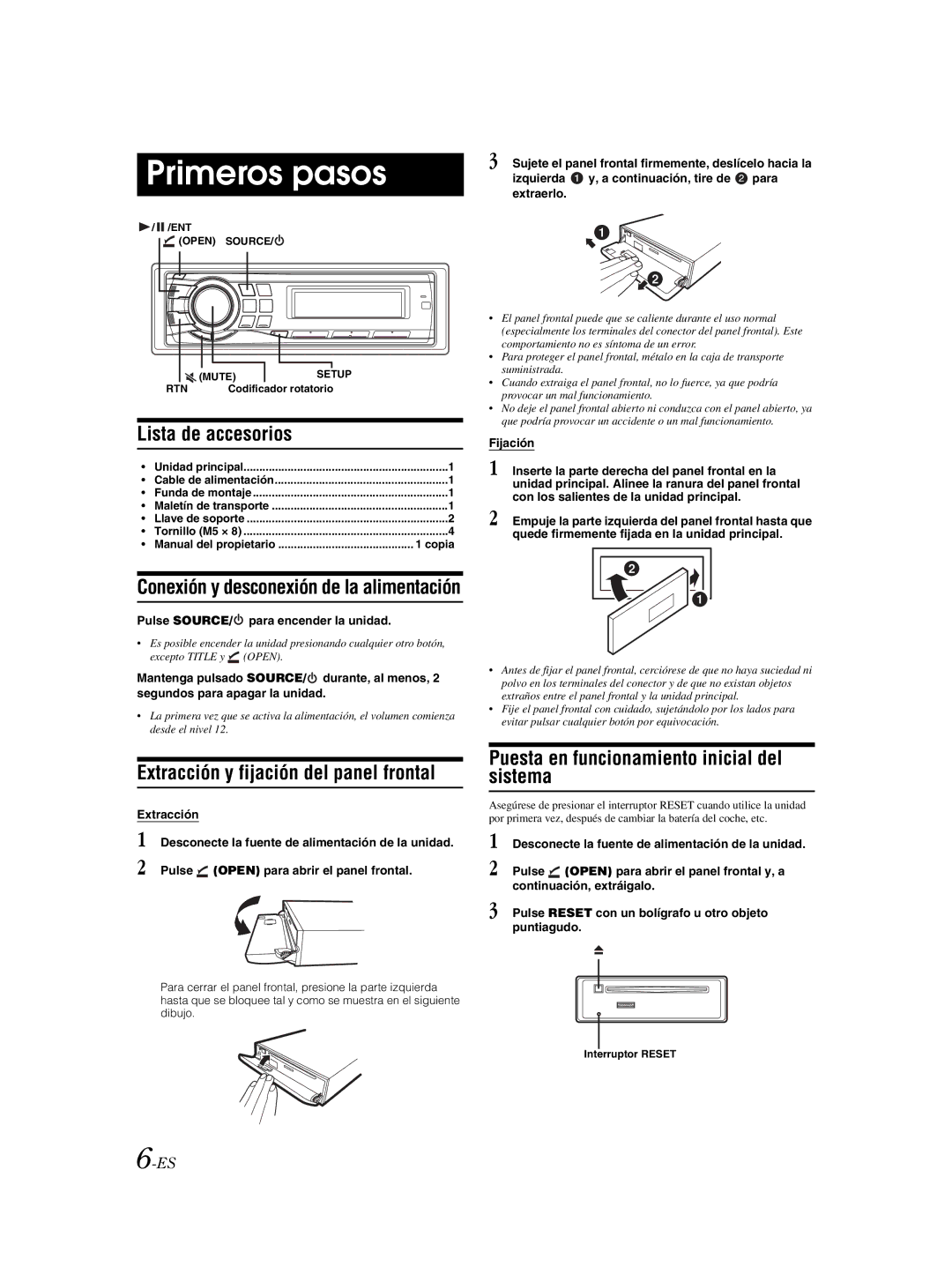 Alpine CDE-9881 owner manual Primeros pasos, Lista de accesorios, Extracción y fijación del panel frontal 