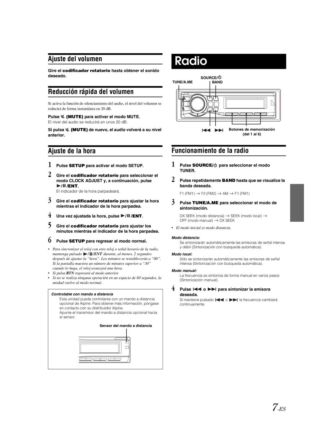 Alpine CDE-9881 Ajuste del volumen, Reducción rápida del volumen, Ajuste de la hora, Funcionamiento de la radio 