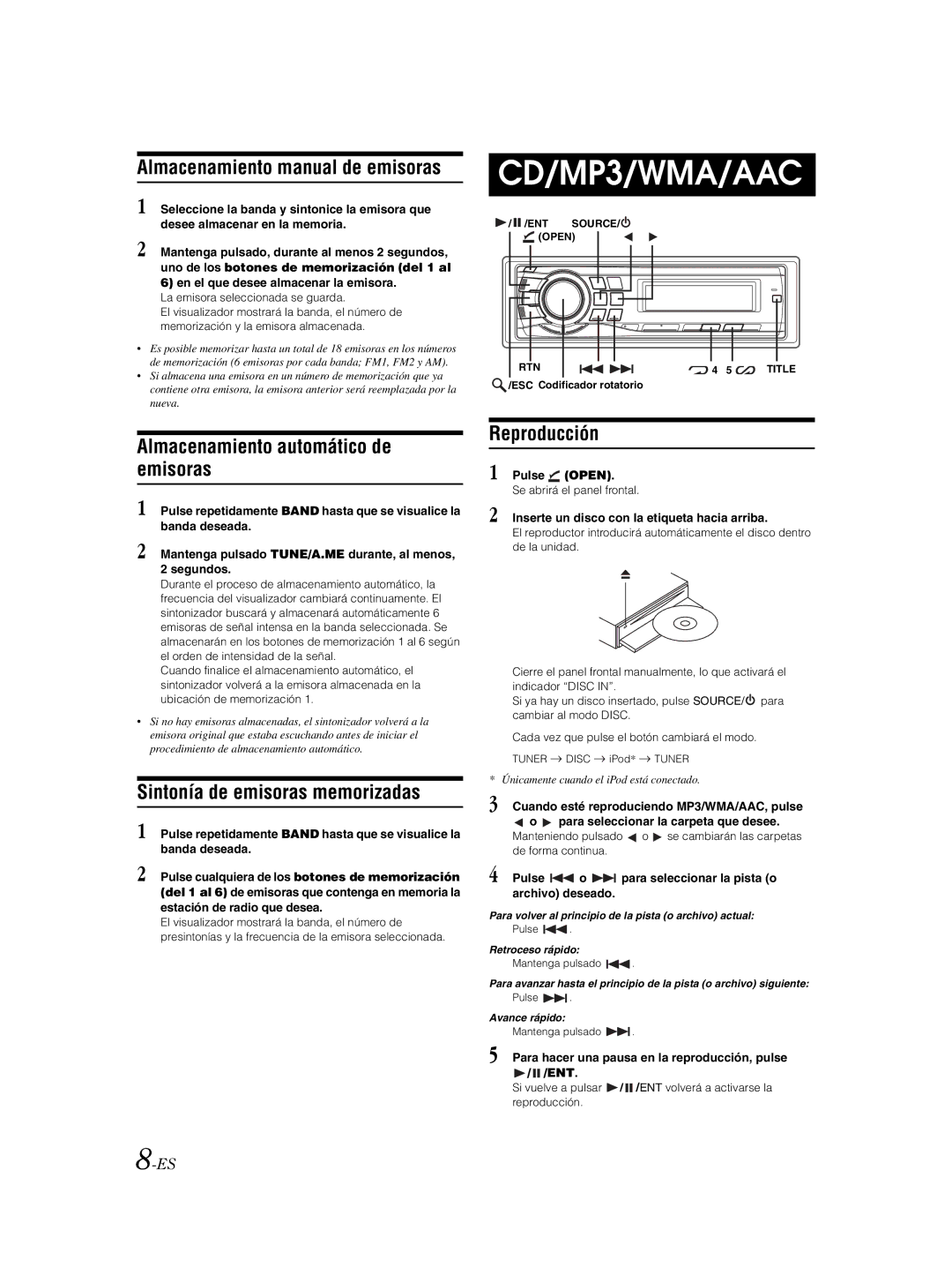 Alpine CDE-9881 Almacenamiento manual de emisoras, Almacenamiento automático de emisoras, Sintonía de emisoras memorizadas 