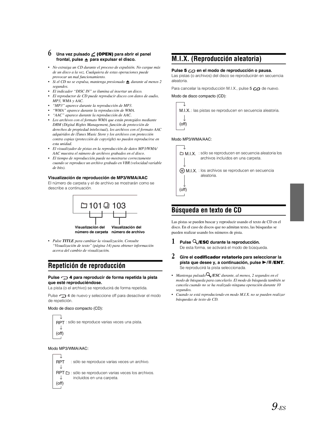 Alpine CDE-9881 owner manual X. Reproducción aleatoria, Repetición de reproducción, Búsqueda en texto de CD 