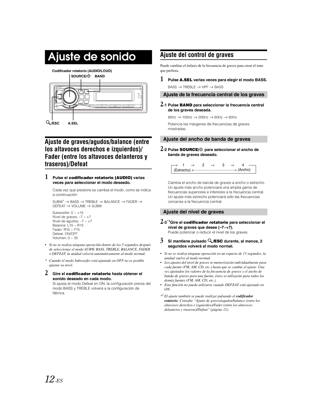 Alpine CDE-9881 owner manual Ajuste de sonido, Ajuste del control de graves, Ajuste de la frecuencia central de los graves 