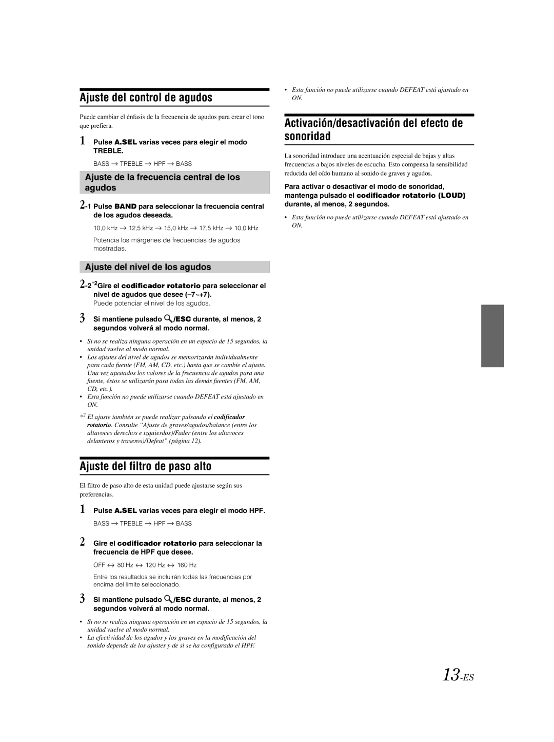 Alpine CDE-9881 owner manual Ajuste del control de agudos, Ajuste del filtro de paso alto, Ajuste del nivel de los agudos 