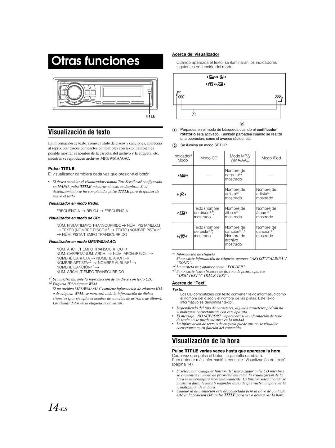 Alpine CDE-9881 owner manual Otras funciones, Visualización de texto, Visualización de la hora, 14-ES 