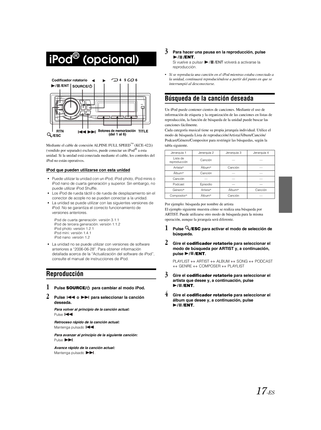 Alpine CDE-9881 IPod opcional, Búsqueda de la canción deseada, 17-ES, IPod que pueden utilizarse con esta unidad 