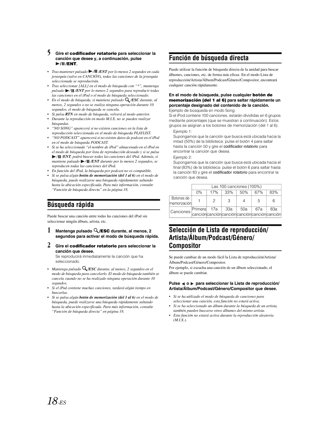 Alpine CDE-9881 owner manual Función de búsqueda directa, 18-ES, Ejemplo de búsqueda en modo Song 