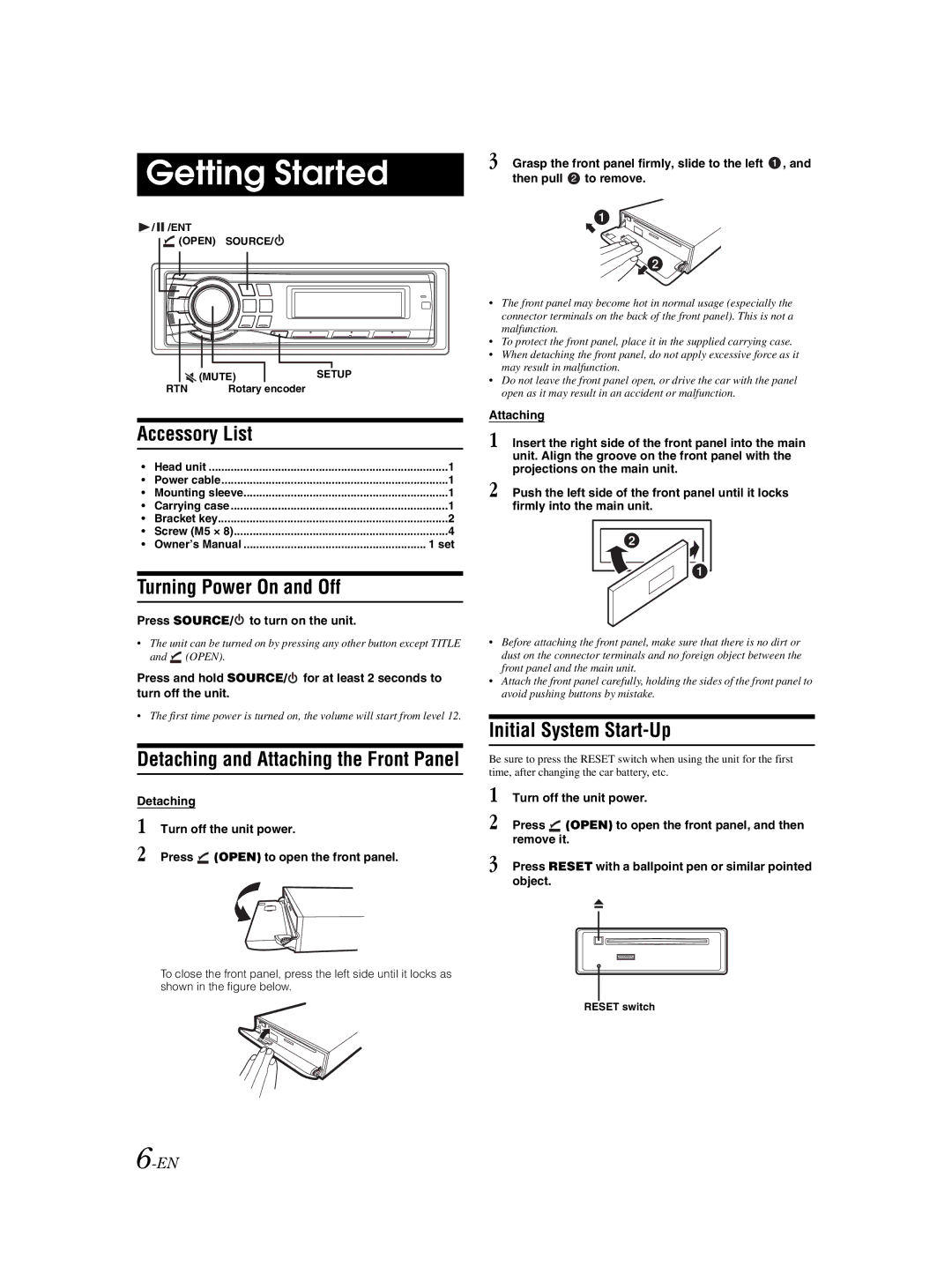 Alpine CDE-9881 owner manual Getting Started, Accessory List, Turning Power On and Off, Initial System Start-Up 