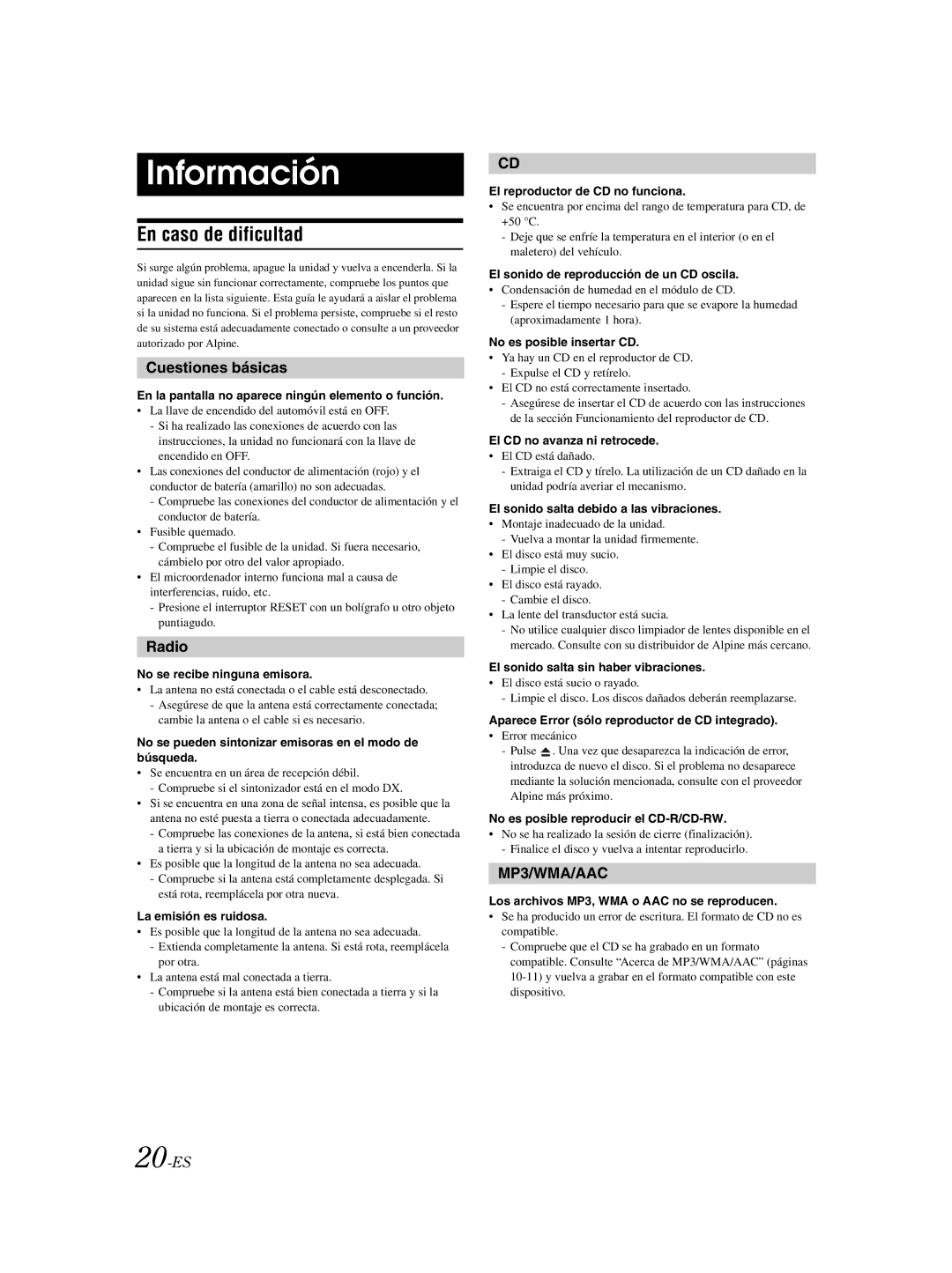 Alpine CDE-9881 owner manual Información, En caso de dificultad, Cuestiones básicas, 20-ES 