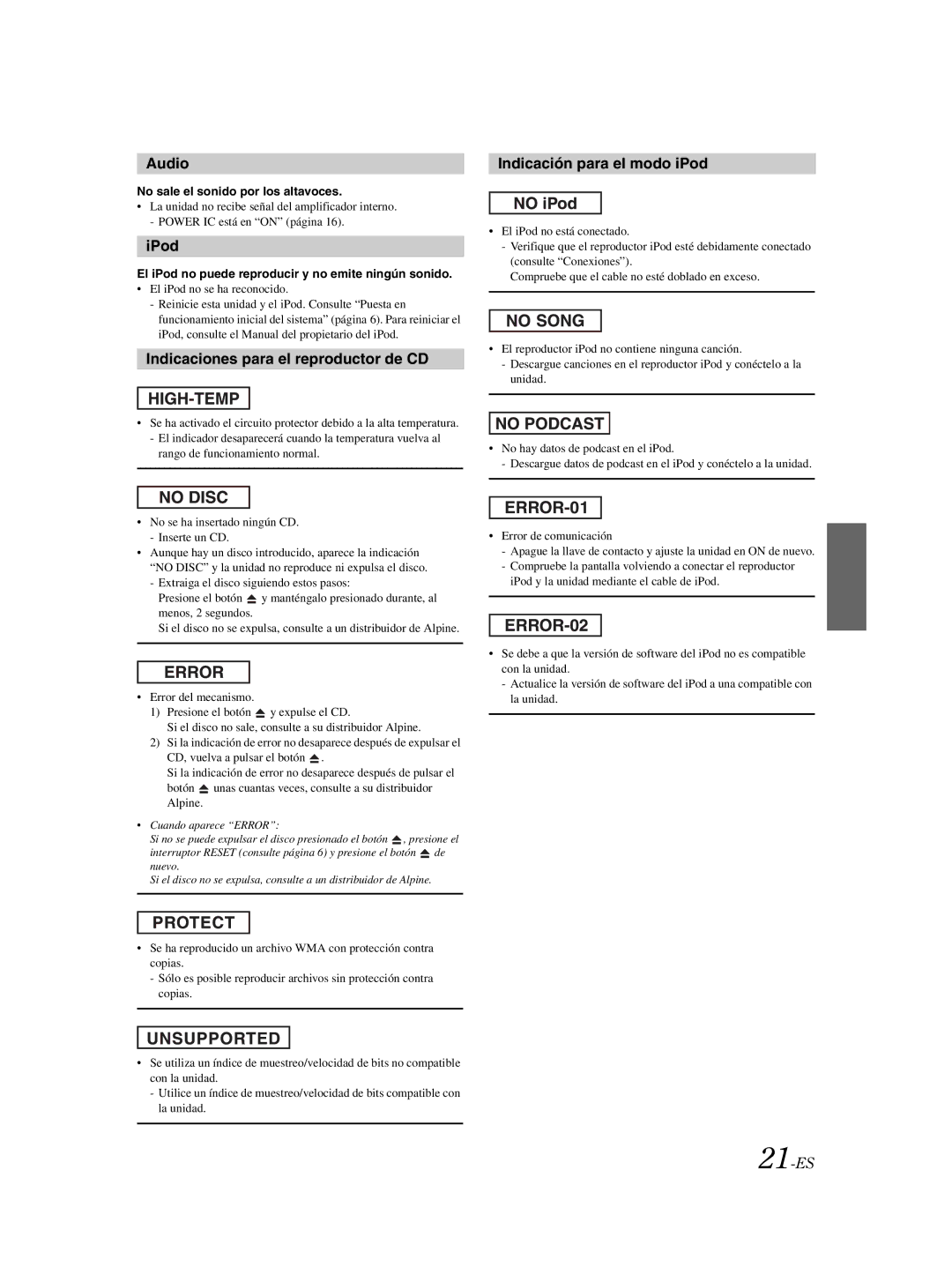 Alpine CDE-9881 owner manual Indicaciones para el reproductor de CD, Indicación para el modo iPod, 21-ES 