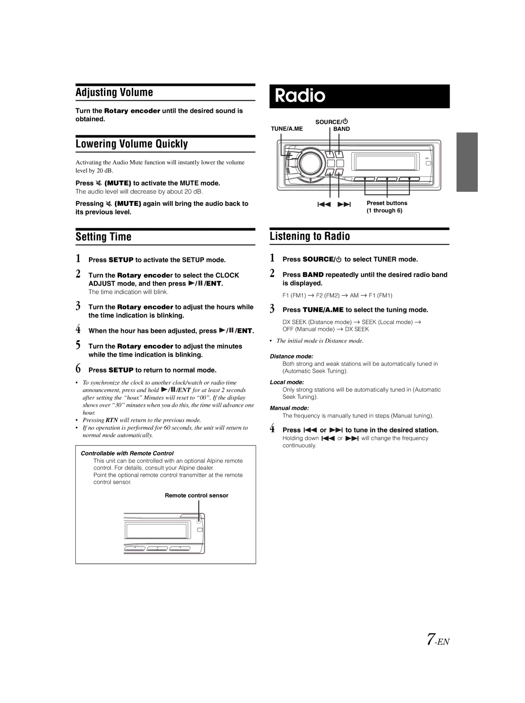 Alpine CDE-9881 owner manual Adjusting Volume, Lowering Volume Quickly, Setting Time, Listening to Radio 