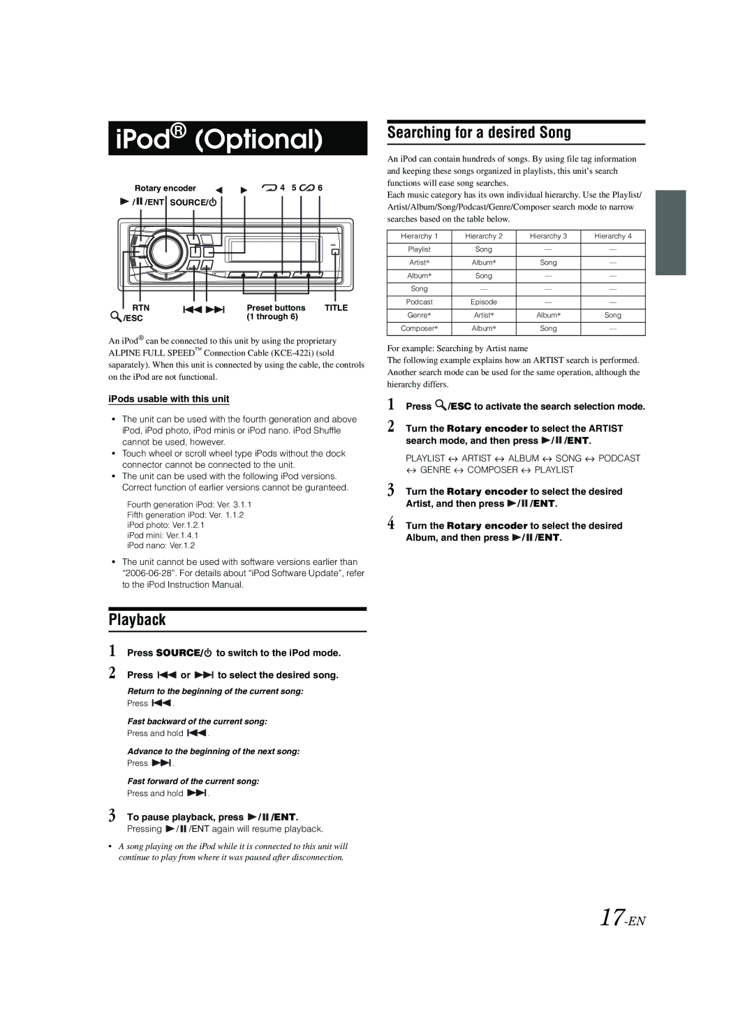 Alpine CDE-9881 owner manual IPod Optional, Searching for a desired Song, 17-EN, IPods usable with this unit 