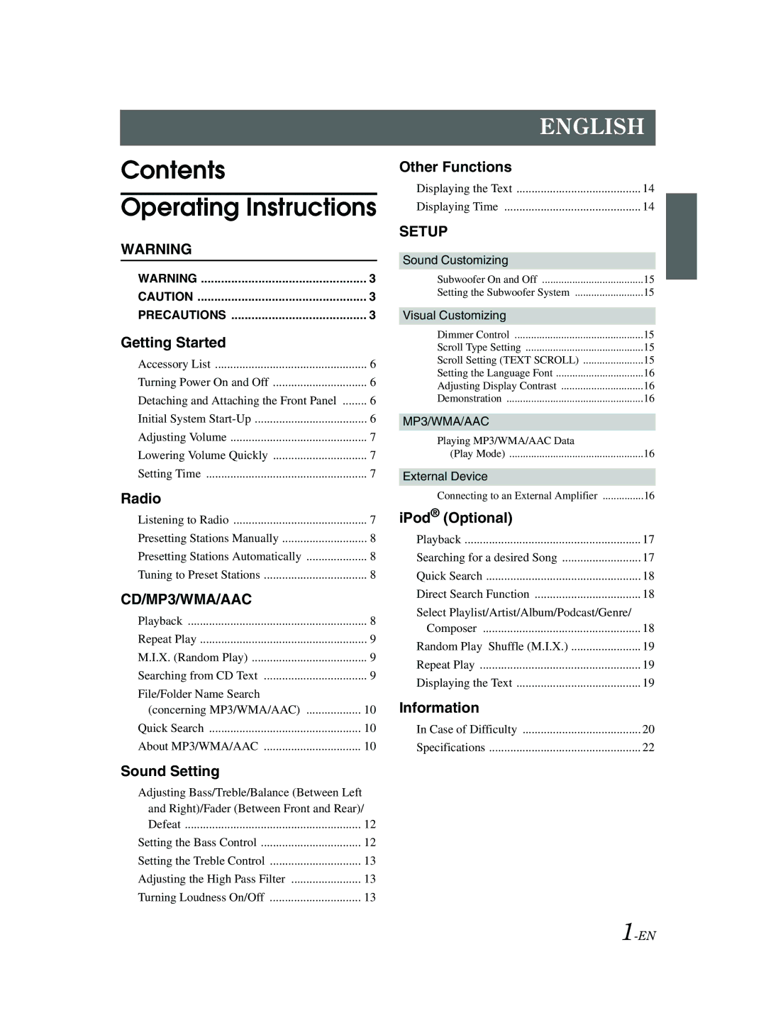 Alpine CDE-9881 owner manual Contents Operating Instructions 