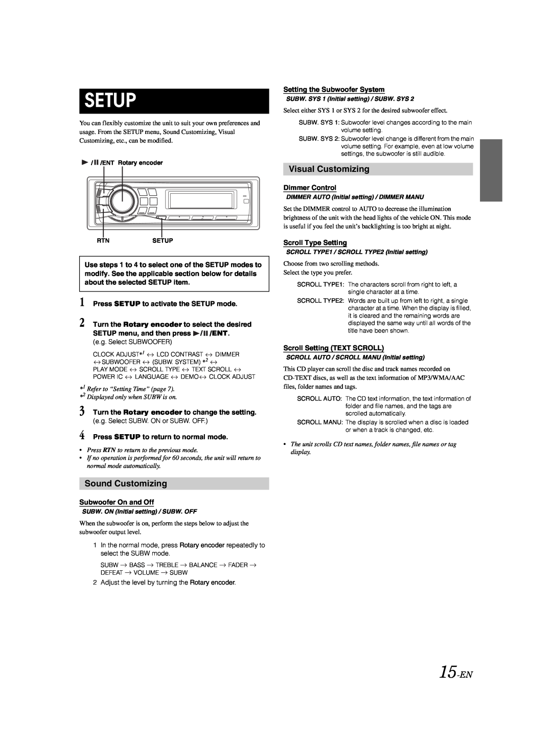 Alpine CDE-9881 owner manual Setup, Sound Customizing, Visual Customizing, 15-EN 