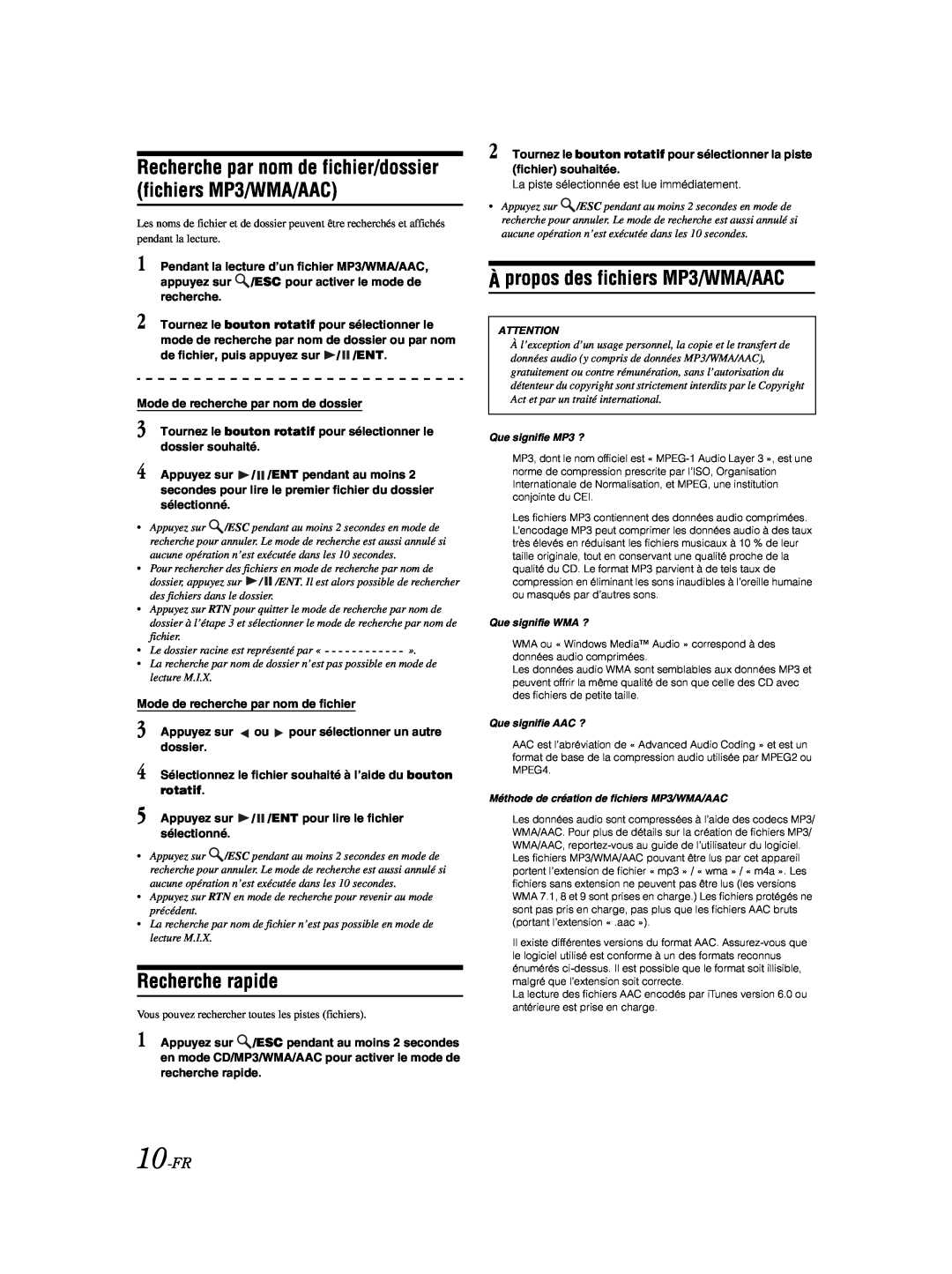 Alpine CDE-9881 owner manual Recherche rapide, À propos des fichiers MP3/WMA/AAC, 10-FR 
